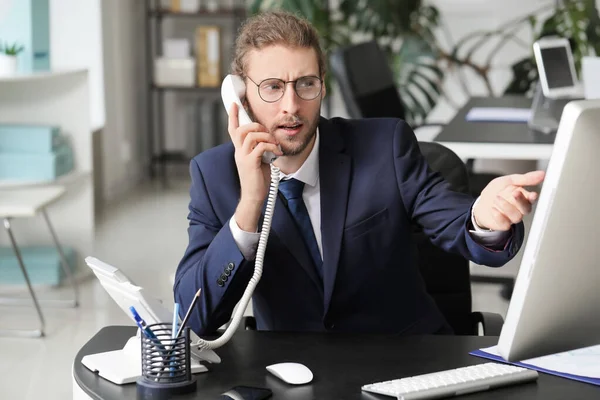 Handsome Young Man Talking Phone Office — Stock Photo, Image
