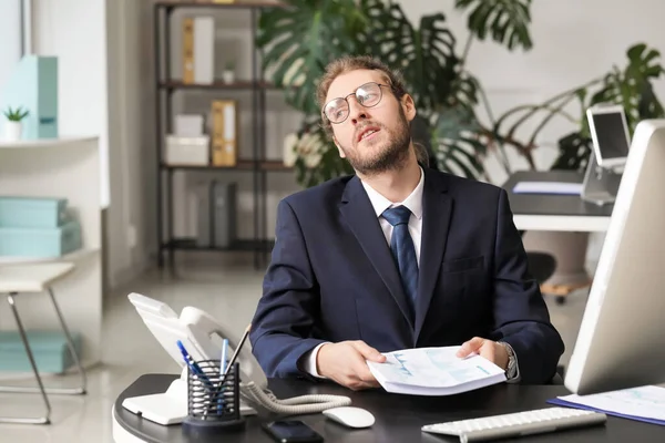 Tired Young Man Working Office — Stock Photo, Image