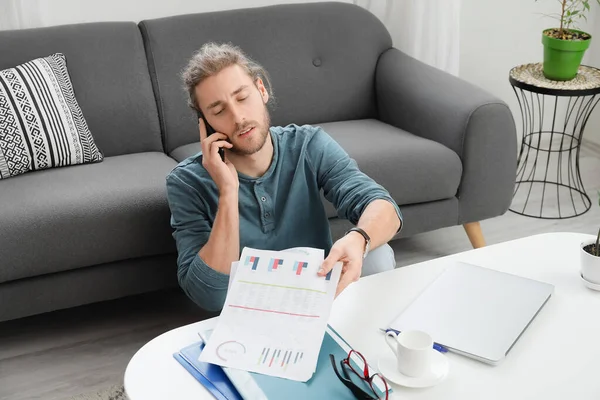 Handsome Young Man Talking Mobile Phone While Working Home — Stock Photo, Image