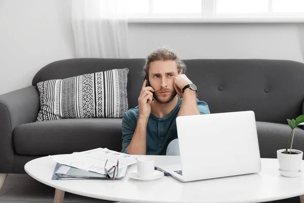 Handsome Young Man Talking Mobile Phone While Working Home — Stock Photo, Image
