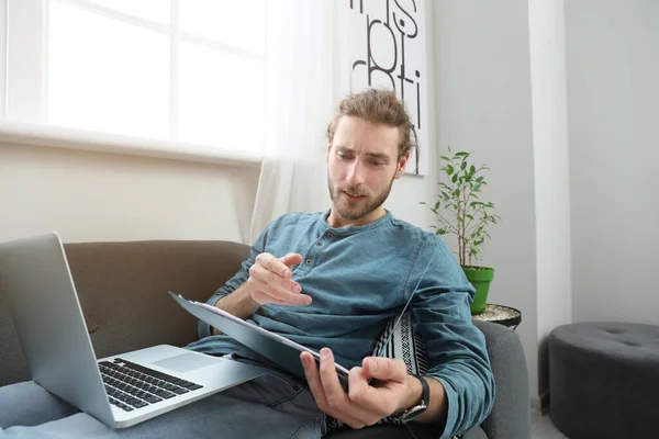 Handsome Young Man Working Home — Stock Photo, Image