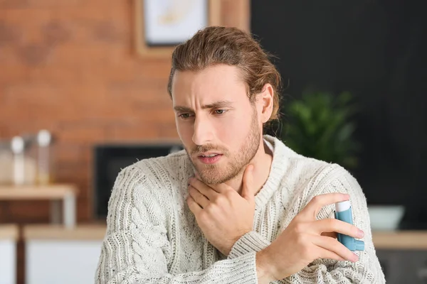 Young Man Inhaler Having Asthma Attack Home — Stock Photo, Image