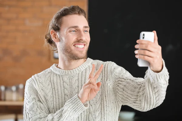 Handsome Young Man Taking Selfie Home — Stock Photo, Image