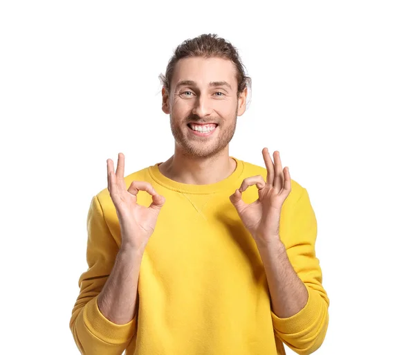 Handsome Young Man Showing White Background — Stock Photo, Image