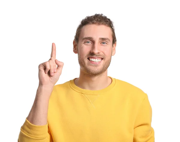 Handsome Young Man Pointing Something White Background — Stock Photo, Image