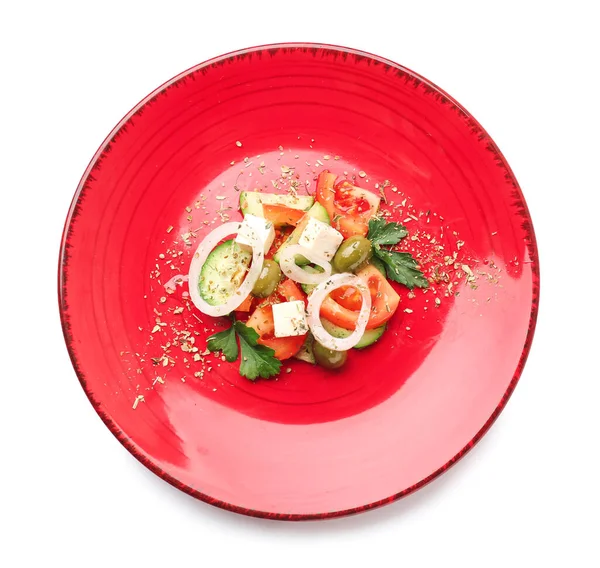 Plate Tasty Greek Salad White Background — Stock Photo, Image