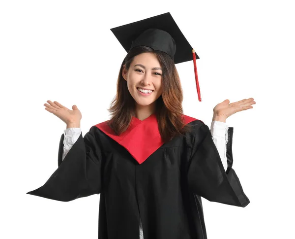 Heureuse Étudiante Diplômée Sur Fond Blanc — Photo