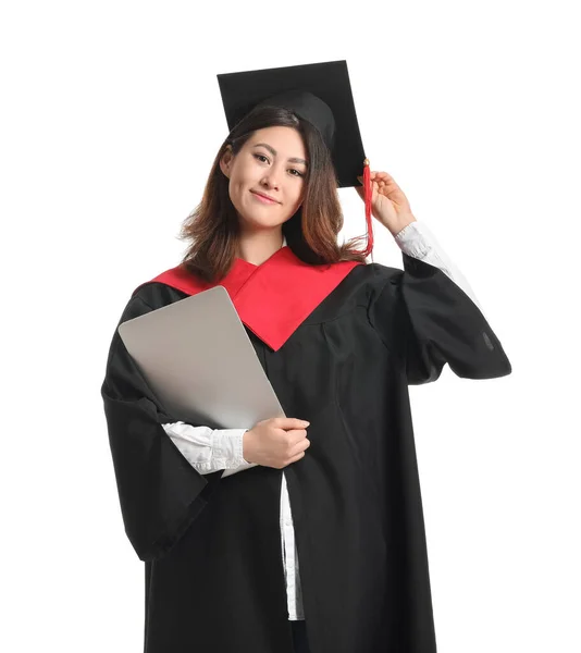 Estudiante Graduada Con Portátil Sobre Fondo Blanco — Foto de Stock