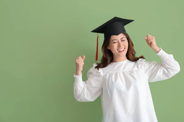 Happy Female Graduating Student Color Background — Stock Photo, Image