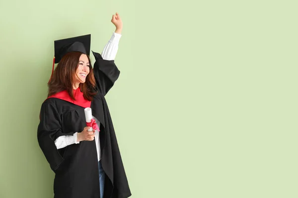 Boldog Női Végzős Diák Diploma Színes Háttér — Stock Fotó