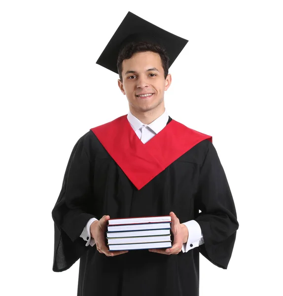 Man Afstuderen Student Met Boeken Witte Achtergrond — Stockfoto
