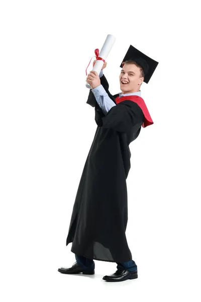 Estudante Graduação Feliz Fundo Branco — Fotografia de Stock