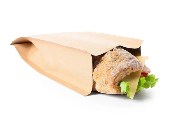 Tasche Mit Leckerem Ciabatta Sandwich Auf Weißem Hintergrund — Stockfoto