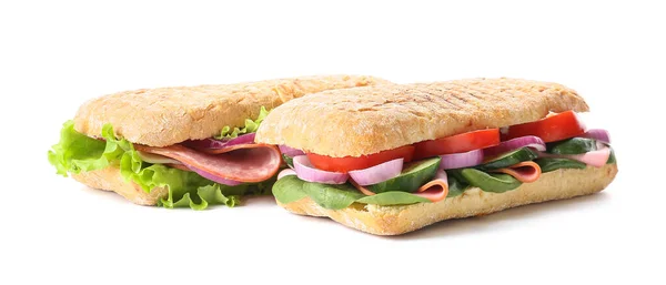 Leckere Ciabatta Sandwiches Auf Weißem Hintergrund — Stockfoto