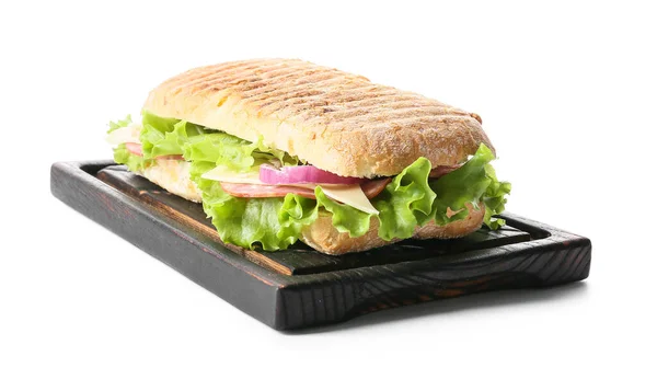 Plateau Avec Savoureux Sandwich Ciabatta Sur Fond Blanc — Photo