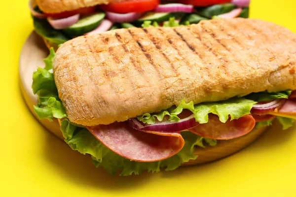 Board Tasty Ciabatta Sandwiches Color Background Closeup — Stock Photo, Image