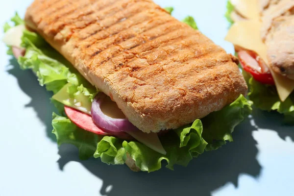 Tasty Ciabatta Sandwiches Color Background — Stock Photo, Image