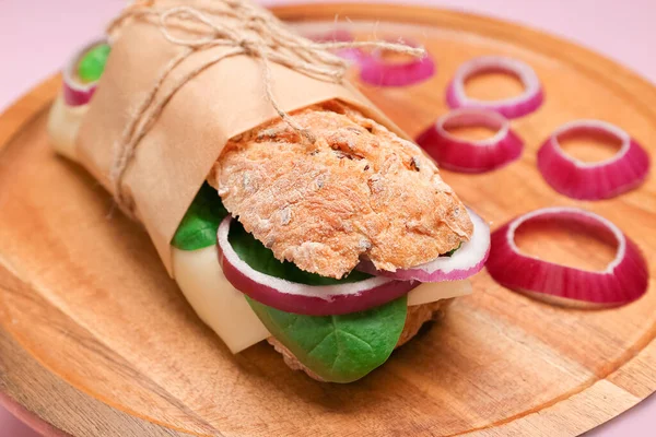 Board Tasty Ciabatta Sandwich Closeup — Stock Photo, Image