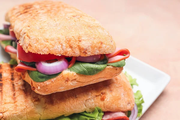 Assiette Avec Savoureux Sandwichs Ciabatta Sur Fond Couleur Gros Plan — Photo