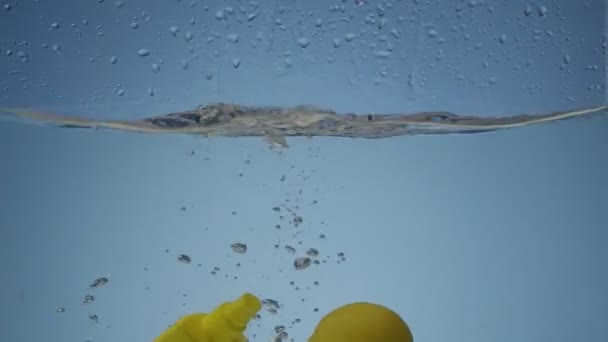 Botella Cosméticos Para Baño Limón Cayendo Agua Sobre Fondo Color — Vídeos de Stock