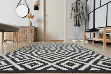 Modern koridorun içinde şık bir halı.