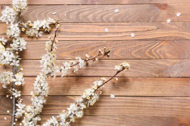 Ahşap arka planda güzel açan dallar