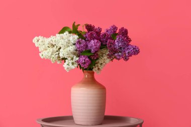 Renk duvarının yanındaki masada leylak çiçekli vazo.