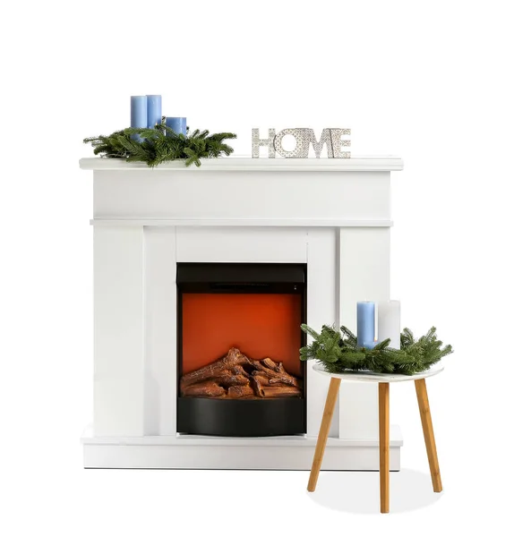 Fireplace Decorated Christmas White Background — Stock Photo, Image