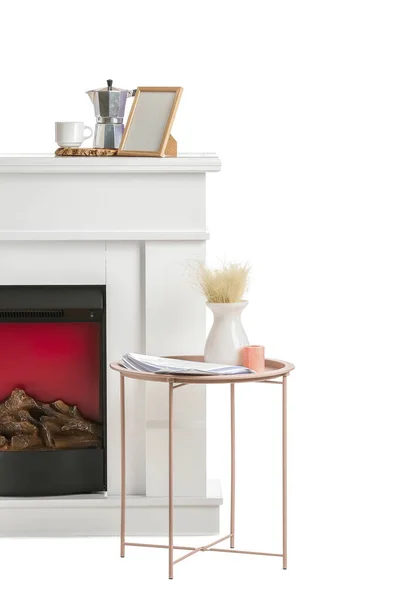 Stylish Fireplace Table White Background — Stock Photo, Image