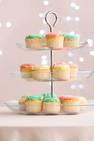 Dessert Stand Tasty Cupcakes Blurred Background — Stock Photo, Image