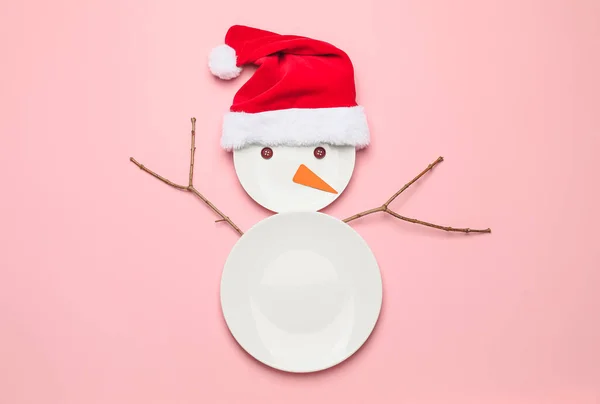 Funny Snowman Made Plates Color Background — Stock Photo, Image