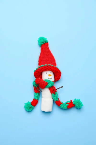 Funny Snowman Made Marshmallows Color Background — Stock Photo, Image