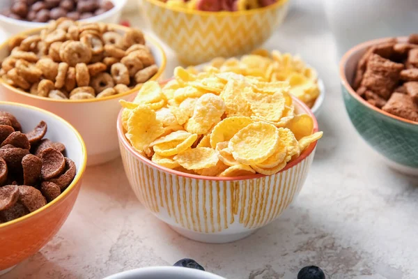 Bowls Different Cereals Light Background Closeup — Stock Photo, Image
