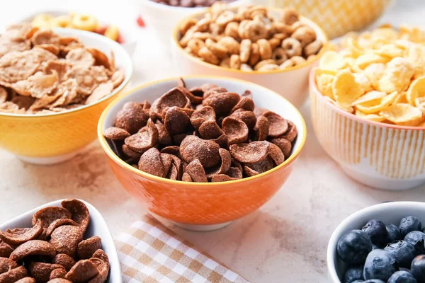 Bowls Different Cereals Light Background Closeup — Stock Photo, Image