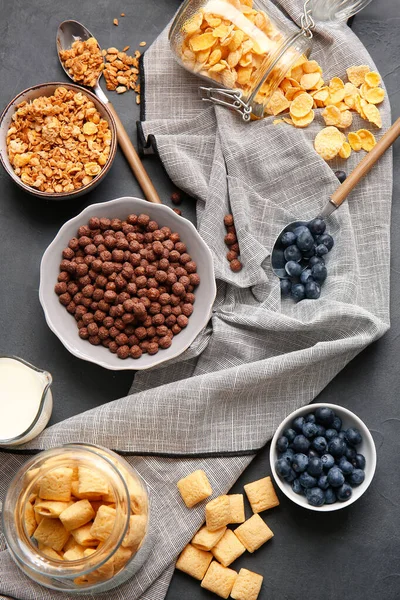 Different Cereals Blueberry Dark Background — Stock Photo, Image