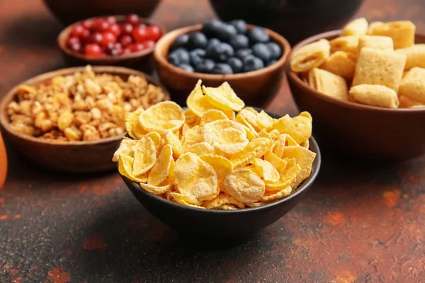 Bowls Different Cereals Berries Grunge Background Closeup — Stock Photo, Image