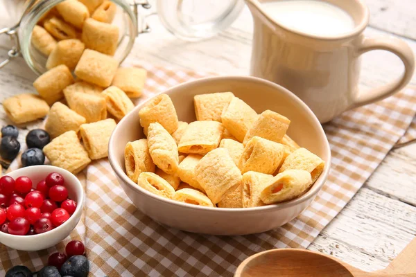 Bowls Tasty Corn Pillows Milk Berries Light Wooden Background Closeup — Stock Photo, Image