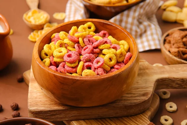 Bowl Tasty Cereal Rings Color Background Closeup — Stock Photo, Image