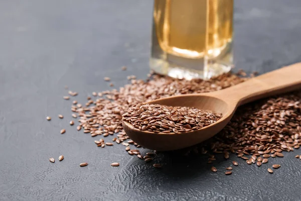 Spoon Flax Seeds Dark Background Closeup — Stock Photo, Image