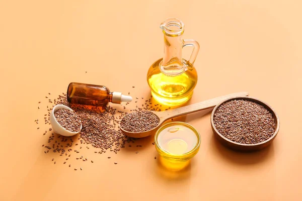 Composition Flax Seeds Oils Color Background — Stock Photo, Image