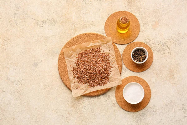 Composition Flax Seeds Oil Spices Grunge Background — Stock Photo, Image
