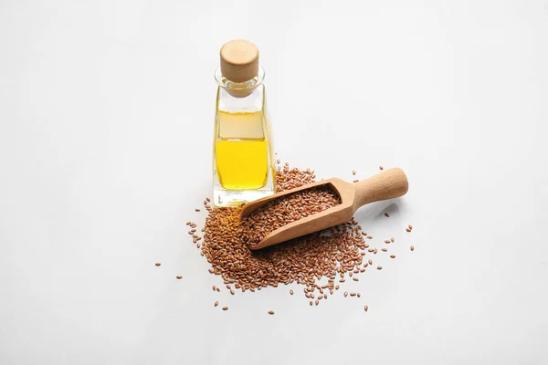 Bottle Flax Oil Seeds Light Background — Stock Photo, Image