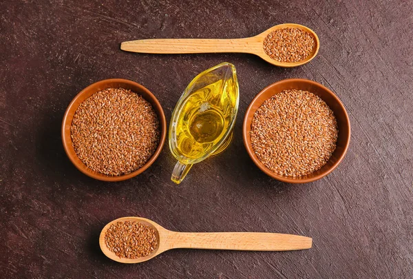 Composition Flax Seeds Oil Dark Background — Stock Photo, Image