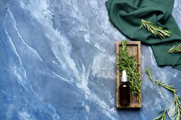 Bottle Essential Oil Fresh Rosemary Color Background — Stock Photo, Image