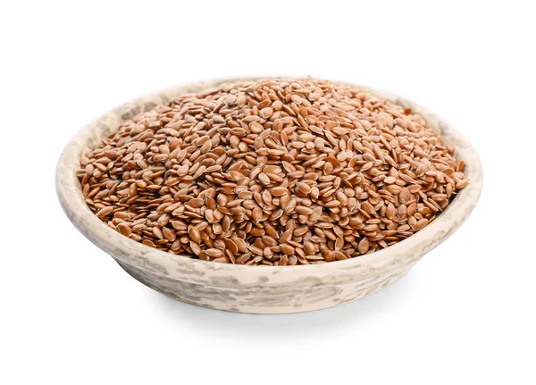 Plate Flax Seeds White Background — Stock Photo, Image