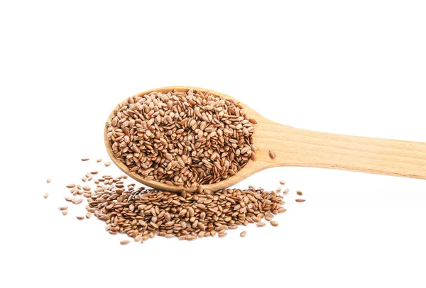 Spoon Flax Seeds White Background — Stock Photo, Image