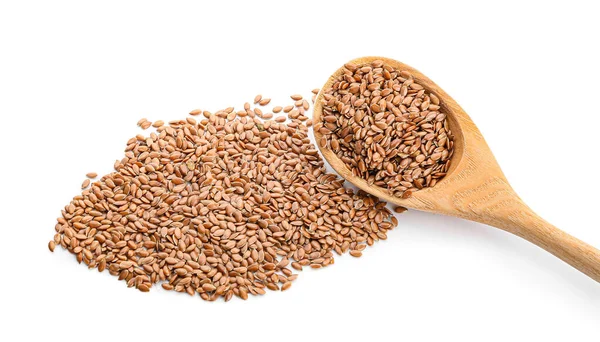 Spoon Flax Seeds White Background — Stock Photo, Image