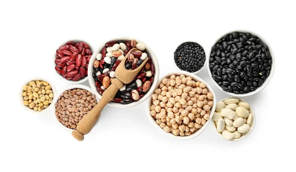 Bowls Different Legumes White Background — Stock Photo, Image