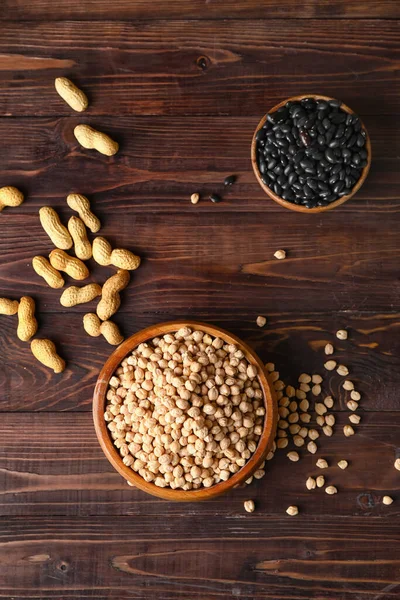 Bowls Different Legumes Wooden Background — Stock Photo, Image