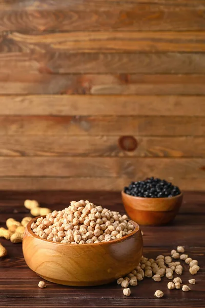 Bowls Different Legumes Wooden Background — Stock Photo, Image